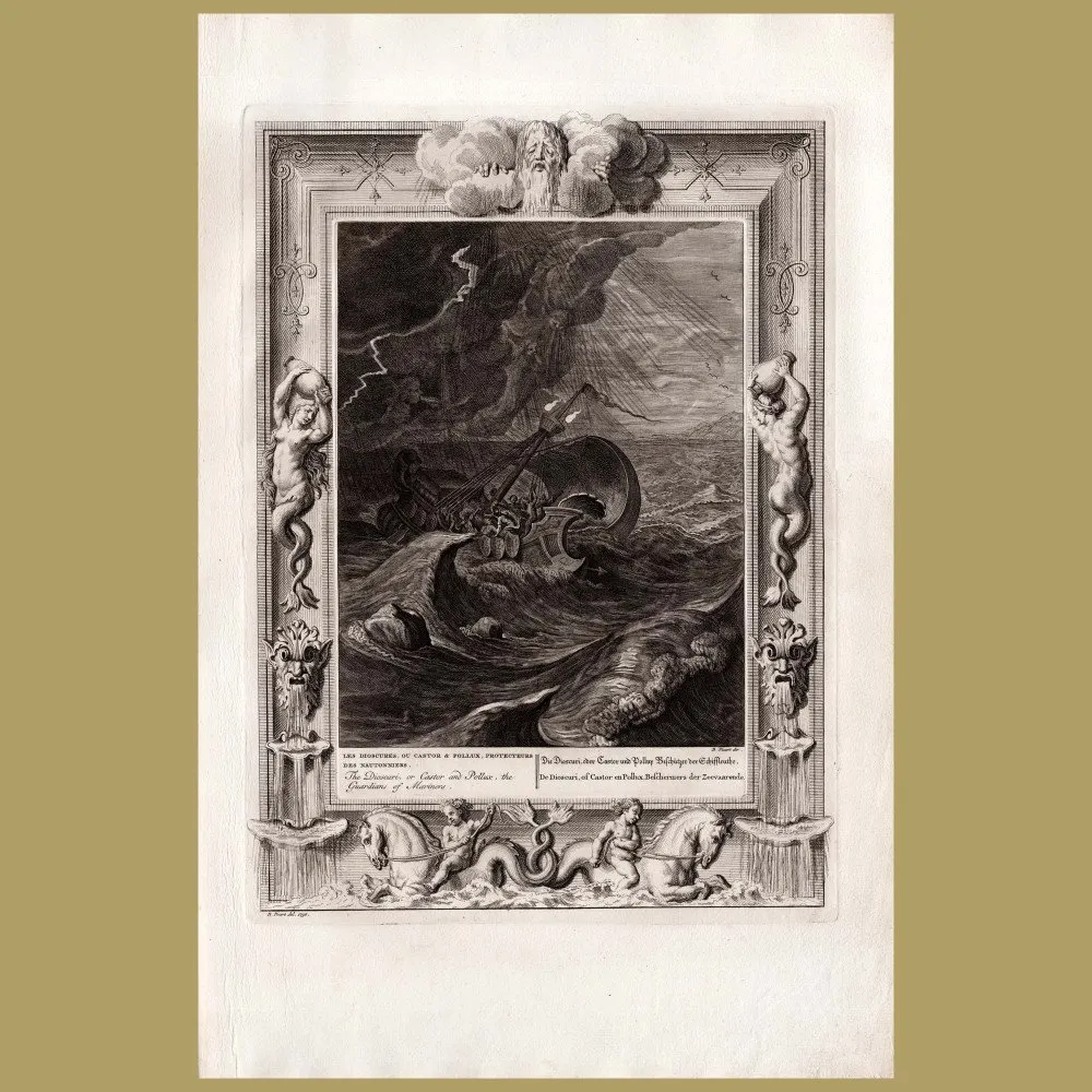 Antique print from Les Temple Des Muses:The Dioscuri, Or Castor And Pollux, The Guardians Of Mariners