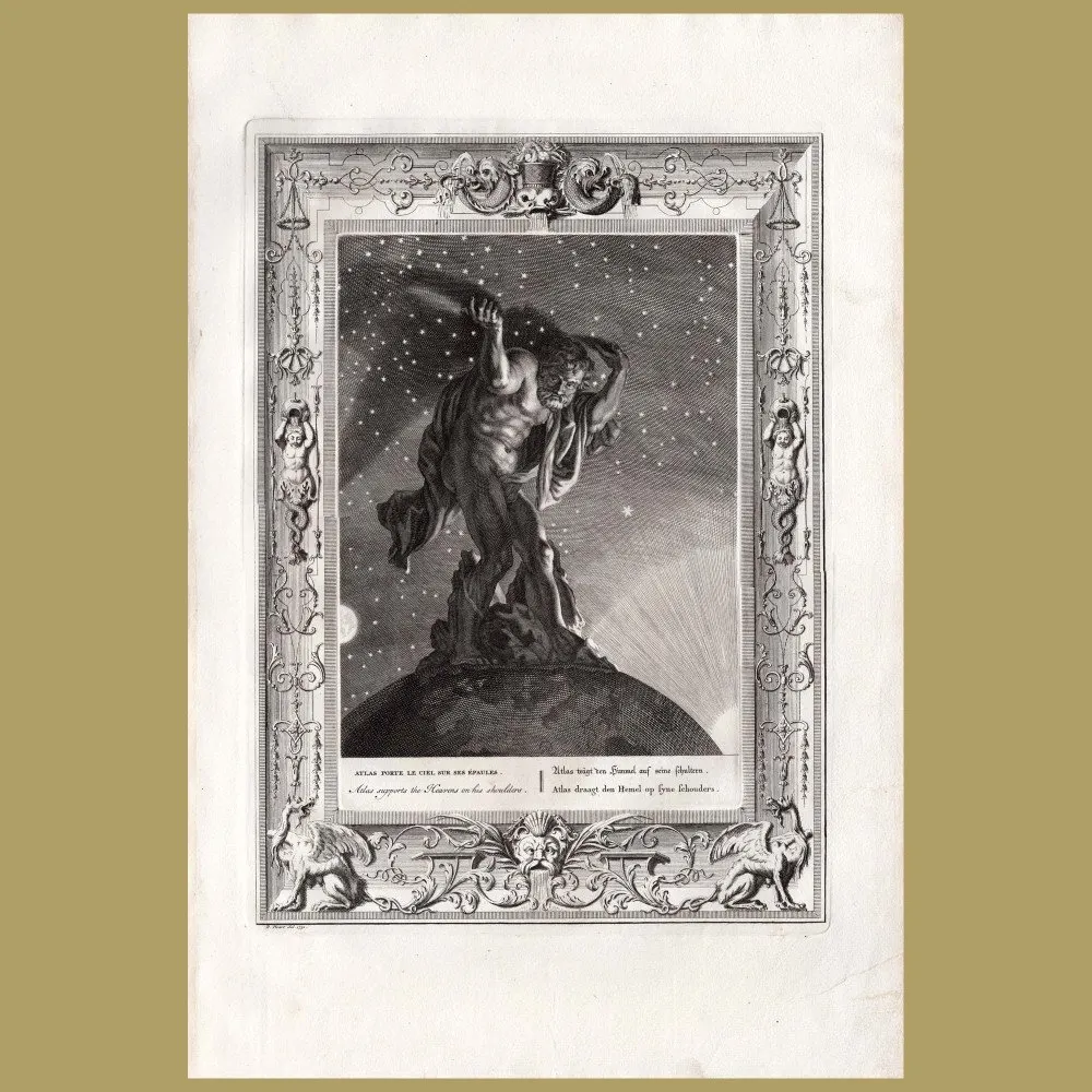 Antique print from Les Temple Des Muses:Atlas Supports The Heavens On His Shoulders