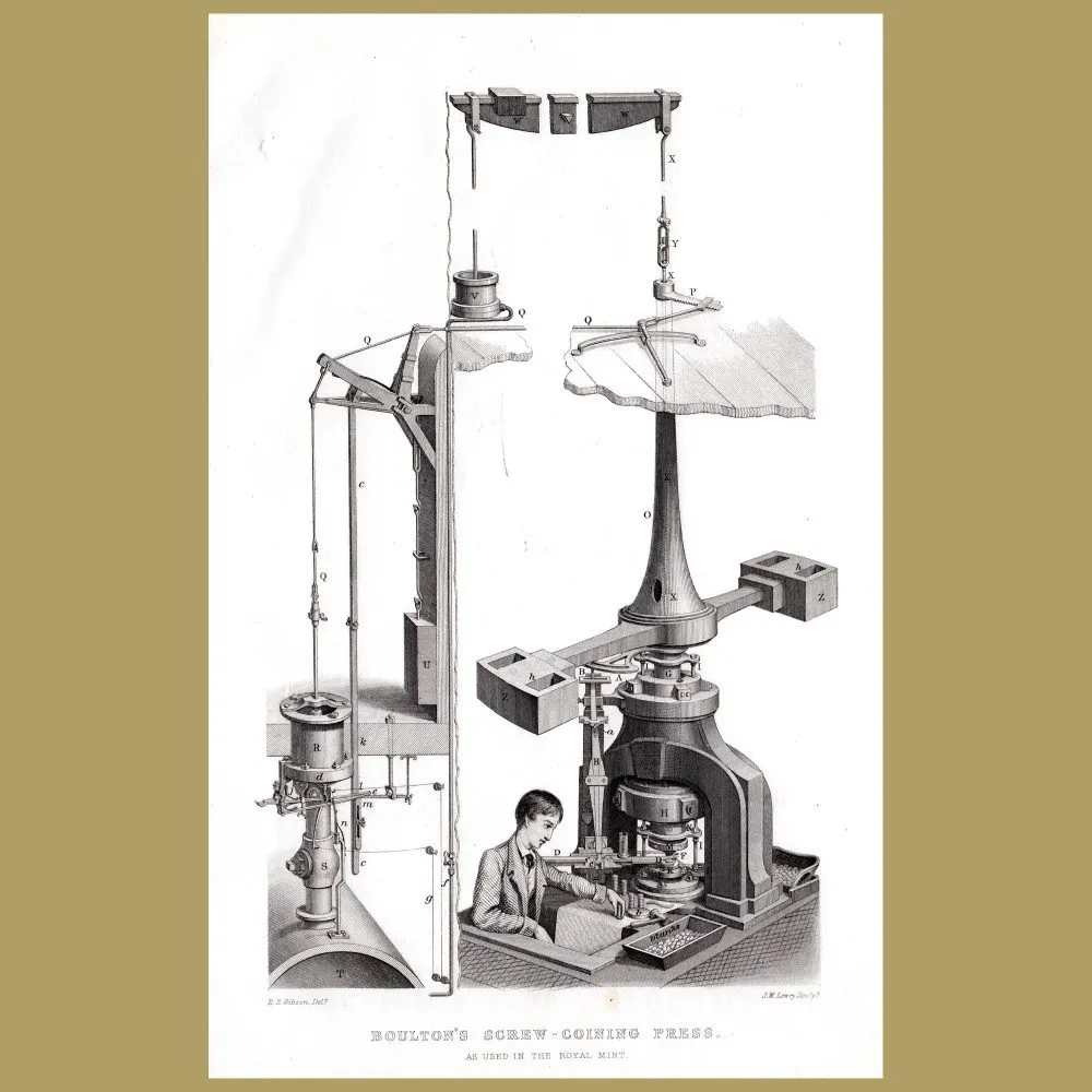 Antique print. Boulton's Screw Coining Press