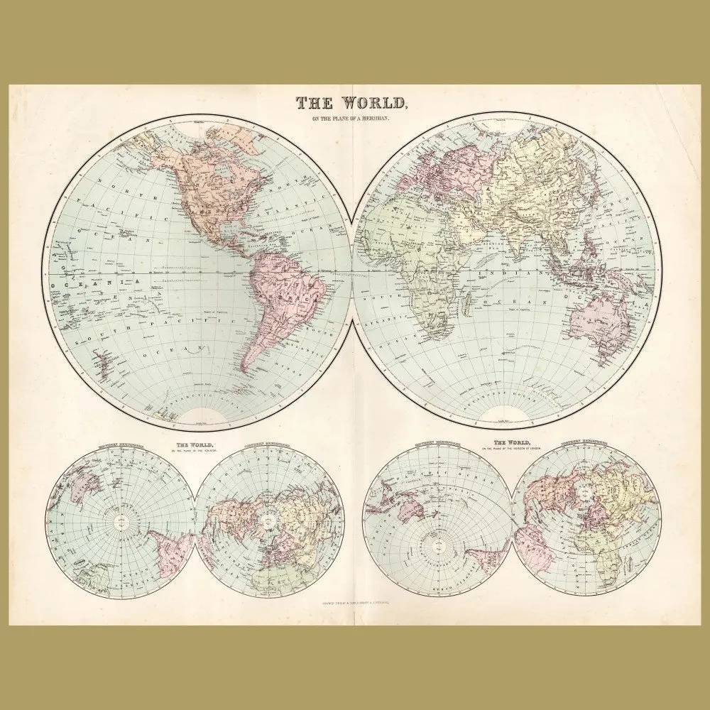 Map Of The World In Hemispheres: Genuine antique print for sale.